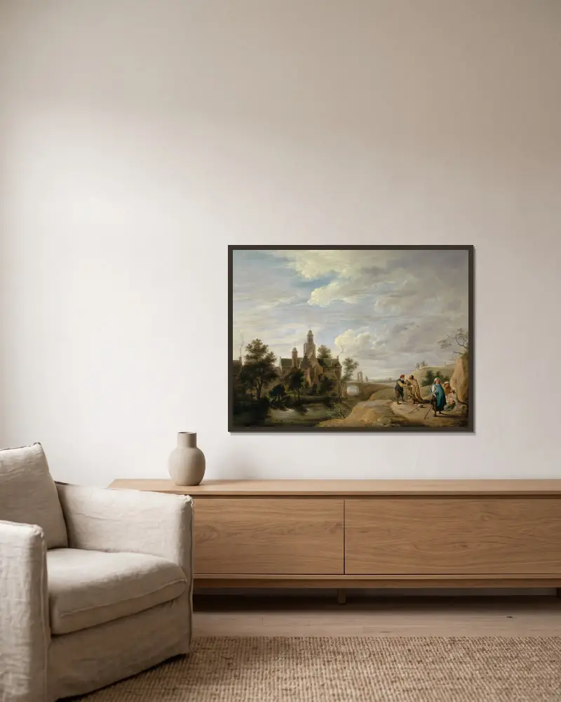 Landschaft mit Staffagefiguren von David Teniers The Younger gerahmt an einer Wand