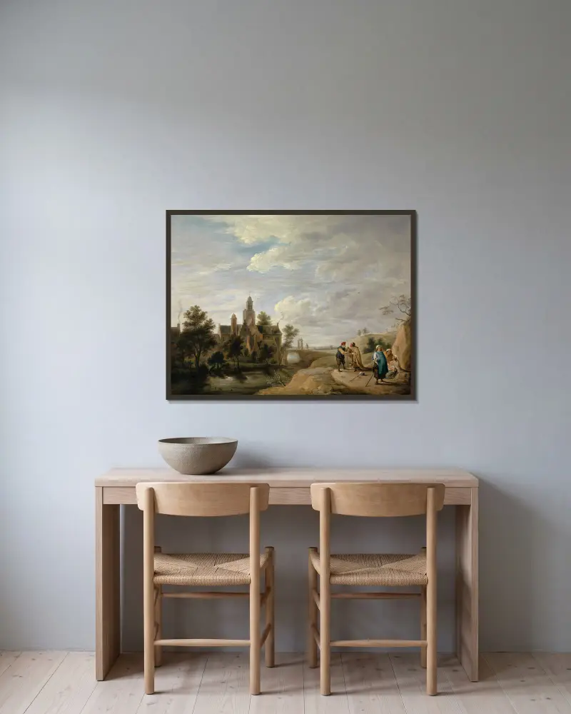 Landschaft mit Staffagefiguren von David Teniers The Younger gerahmt an einer Wand