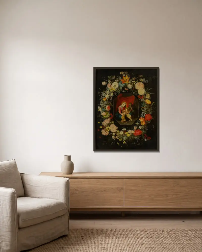Madonnan med barnet, heliga Anna och Johannes Döparen, omgivna av en blomstergirland av Jan Brueghel the Younger inramad på en vägg
