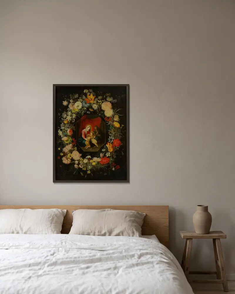 Madonnan med barnet, heliga Anna och Johannes Döparen, omgivna av en blomstergirland av Jan Brueghel the Younger inramad på en vägg
