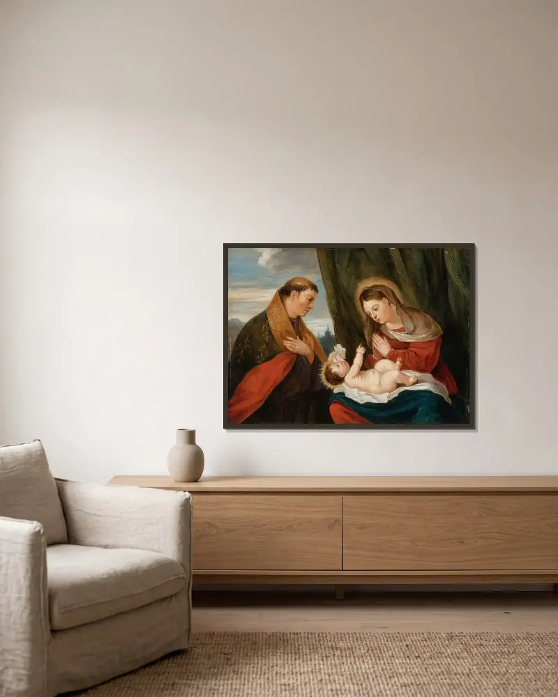 Madonna med barnet och den helige Ludvig av Toulouse av David Teniers The Younger inramad på en vägg