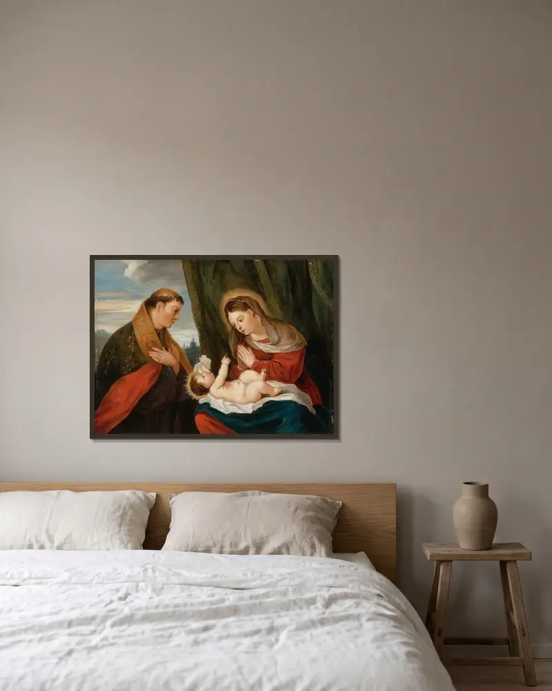 Madonna med barnet och den helige Ludvig av Toulouse av David Teniers The Younger inramad på en vägg