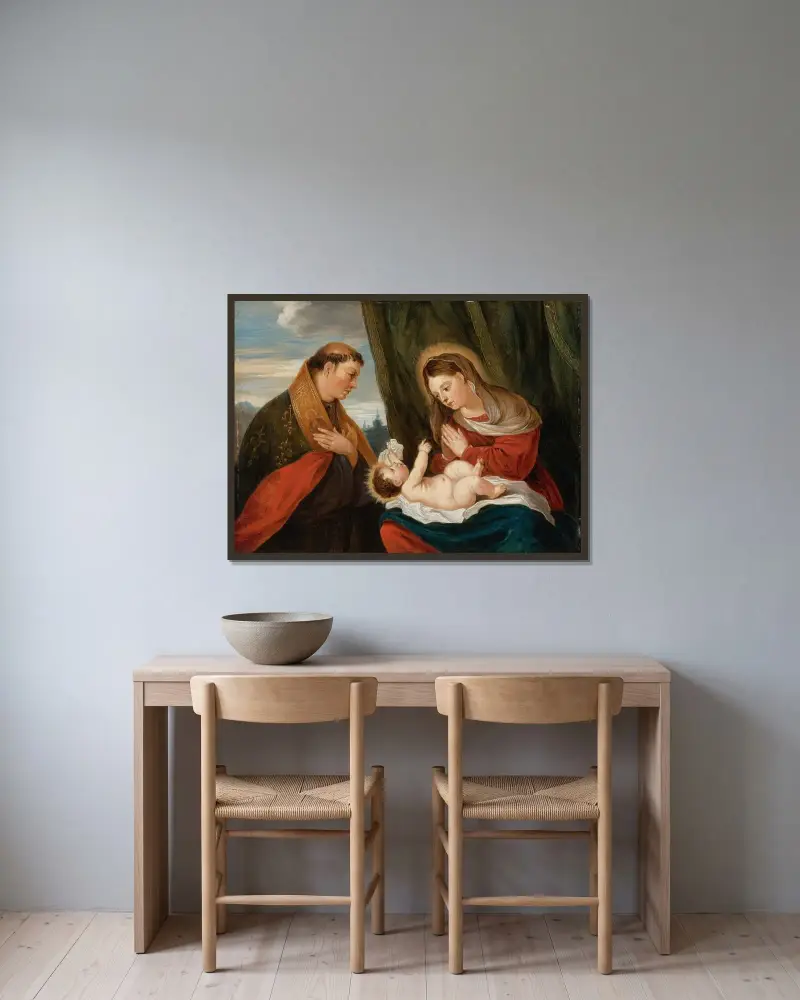 Madonna med barnet och den helige Ludvig av Toulouse av David Teniers The Younger inramad på en vägg