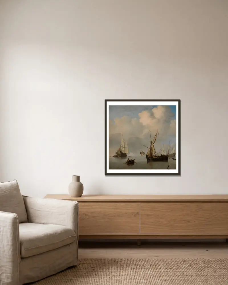 Mer calme; deux petits cabotiers néerlandais à l’ancre bord-à-bord. Marine av Willem van de Velde the Younger inramad på en vägg
