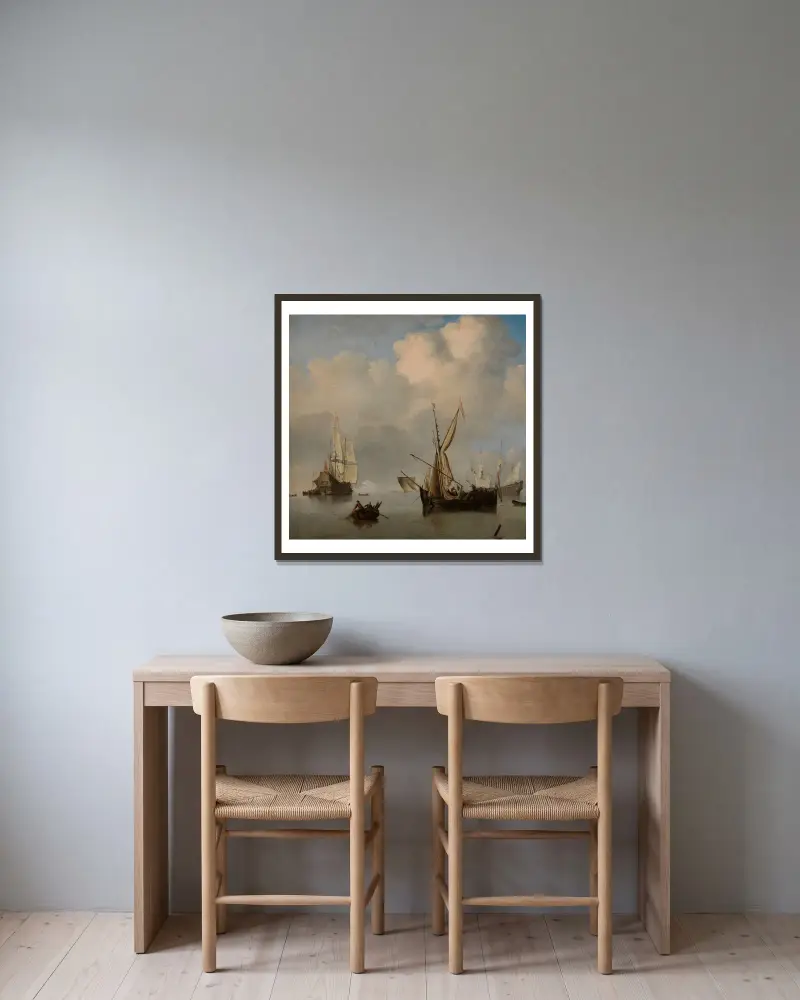 Mer calme; deux petits cabotiers néerlandais à l’ancre bord-à-bord. Marine av Willem van de Velde the Younger inramad på en vägg