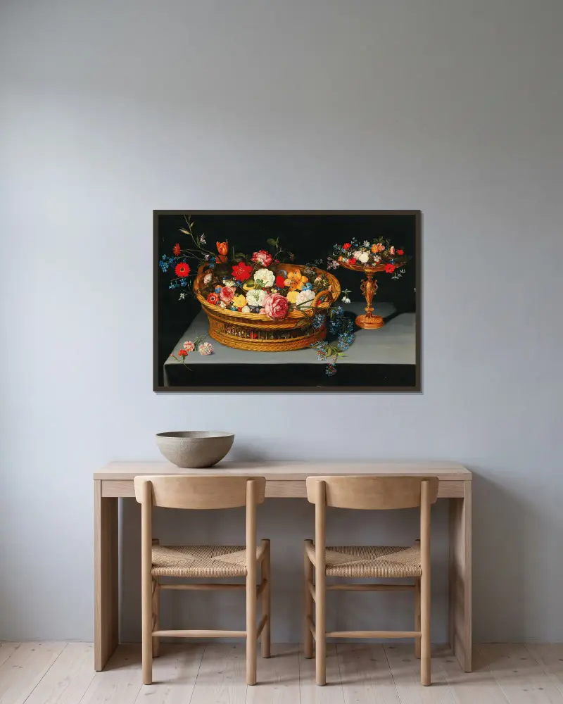 Mixed flowers in a basket with a tazza nearby av Jan Brueghel the Younger inramad på en vägg