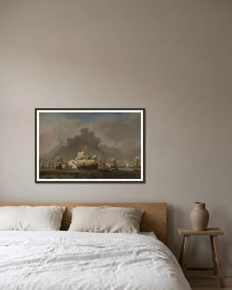 Seeschlacht von Willem van de Velde the Younger gerahmt an einer Wand