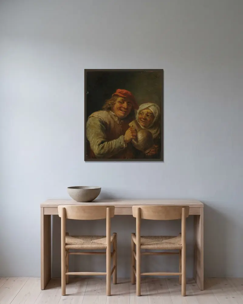 Gammal man och kvinna av David Teniers The Younger inramad på en vägg
