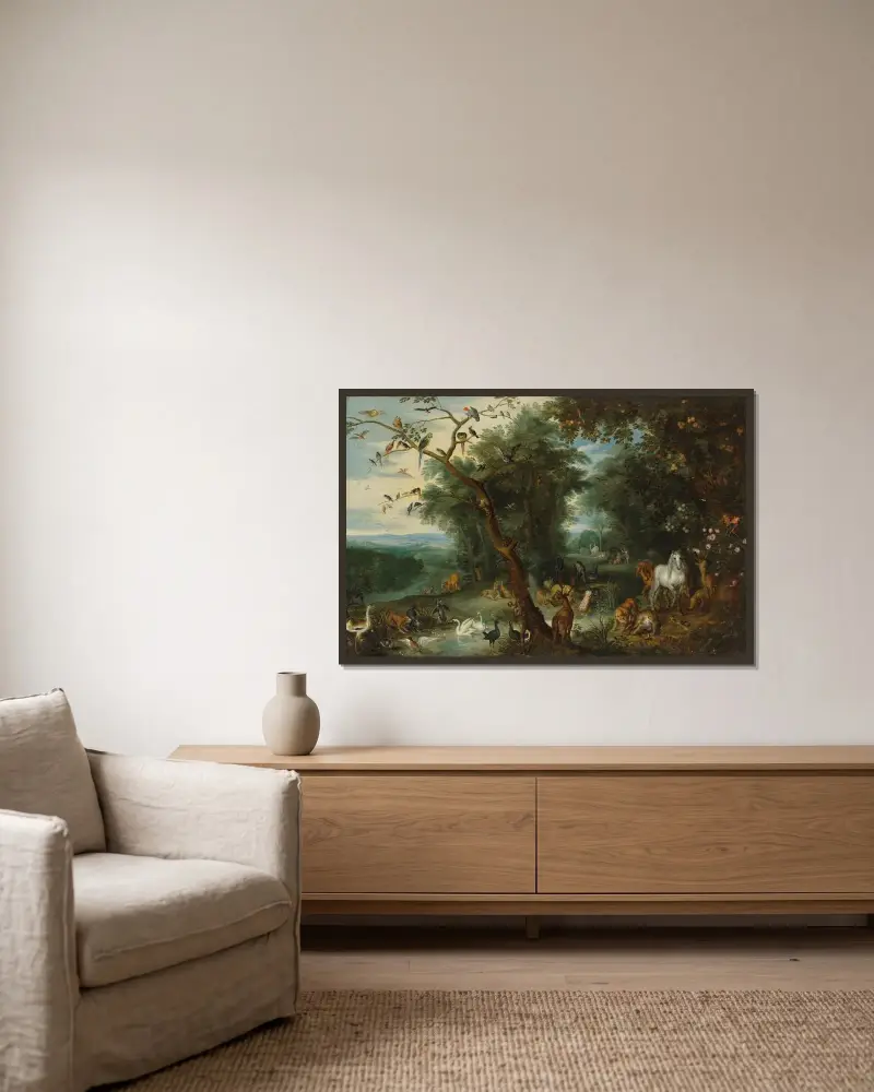 Paradiset av Jan Brueghel the Younger inramad på en vägg