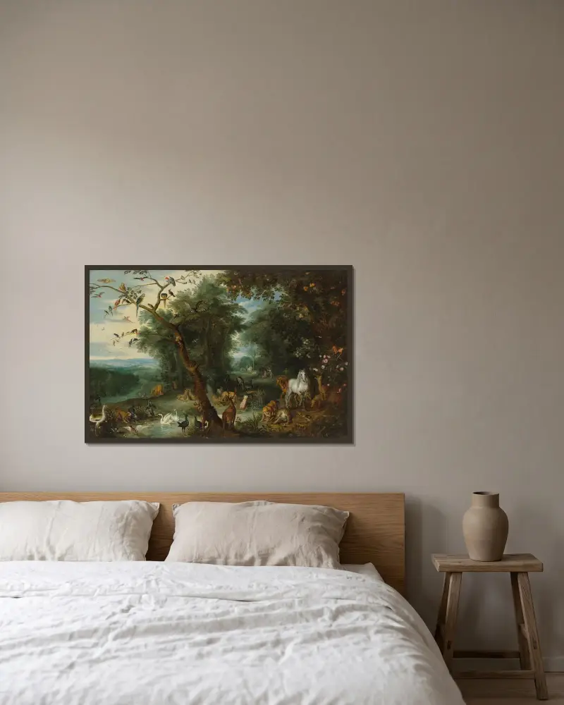 Paradiset av Jan Brueghel the Younger inramad på en vägg