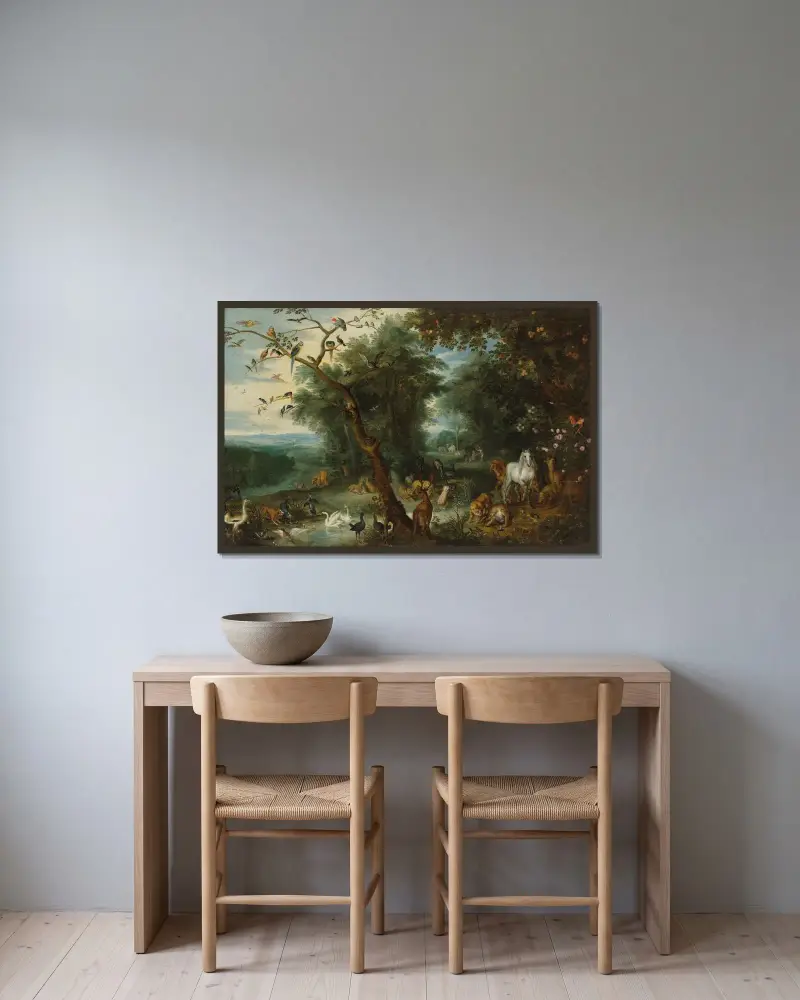 Paradiset av Jan Brueghel the Younger inramad på en vägg