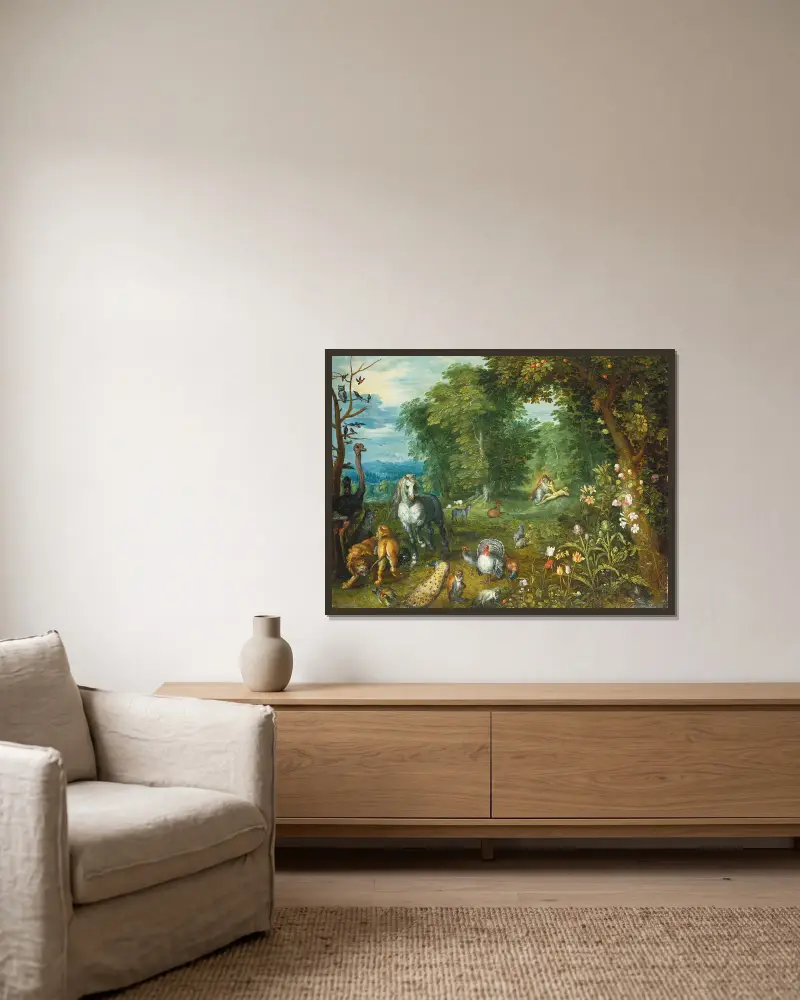 Paradise with the Creation of Eve av Jan Brueghel the Younger inramad på en vägg