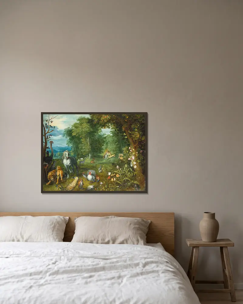 Paradise with the Creation of Eve av Jan Brueghel the Younger inramad på en vägg