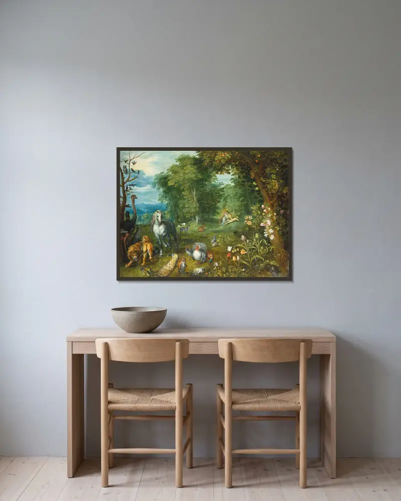 Paradise with the Creation of Eve av Jan Brueghel the Younger inramad på en vägg