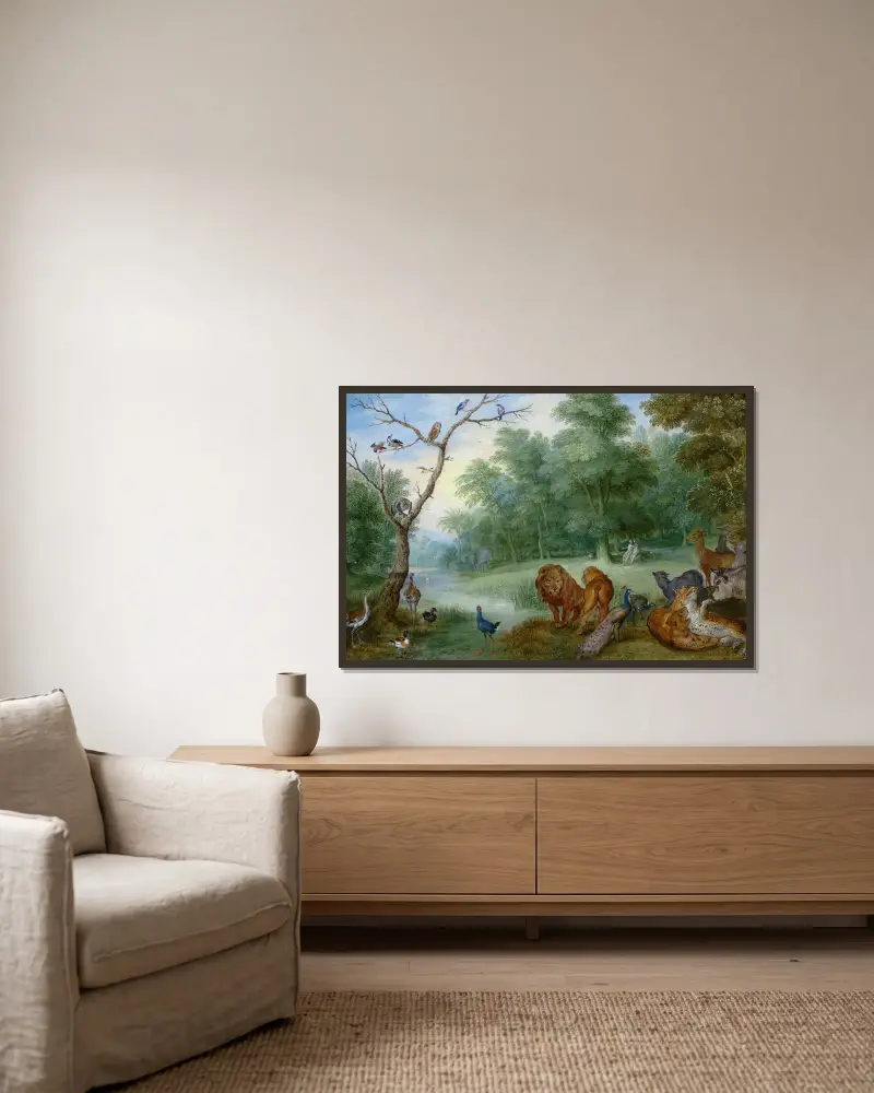 Paradise with the Fall of Man av Jan Brueghel the Younger inramad på en vägg