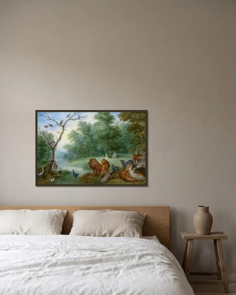 Paradise with the Fall of Man av Jan Brueghel the Younger inramad på en vägg