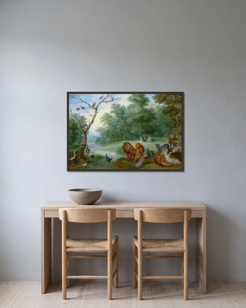 Paradise with the Fall of Man av Jan Brueghel the Younger inramad på en vägg