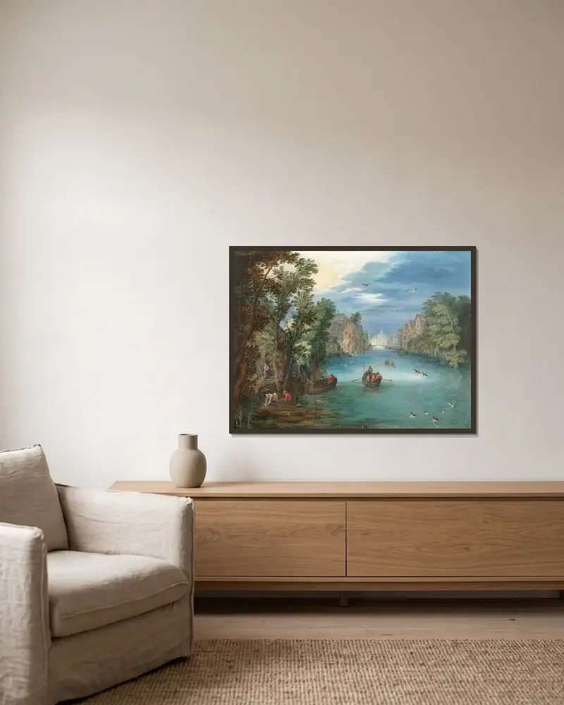 Paysage fluvial animé de personnages av Jan Brueghel the Younger inramad på en vägg