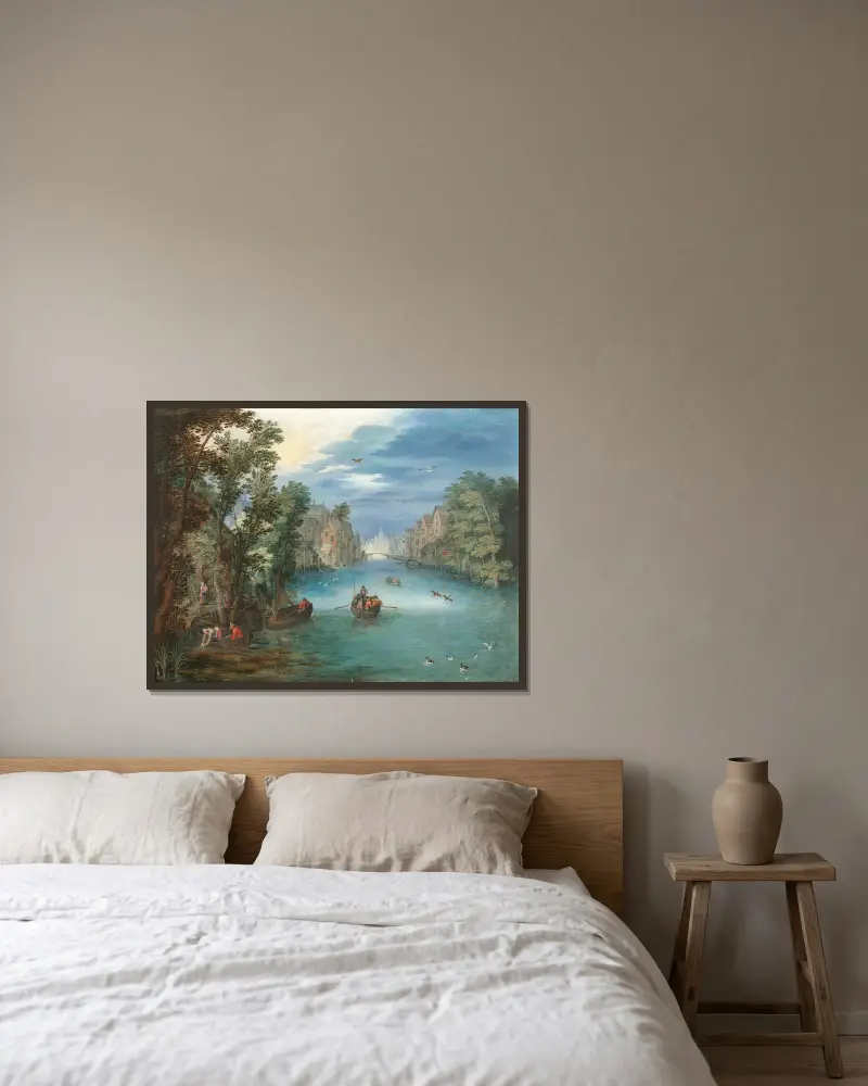 Paysage fluvial animé de personnages av Jan Brueghel the Younger inramad på en vägg