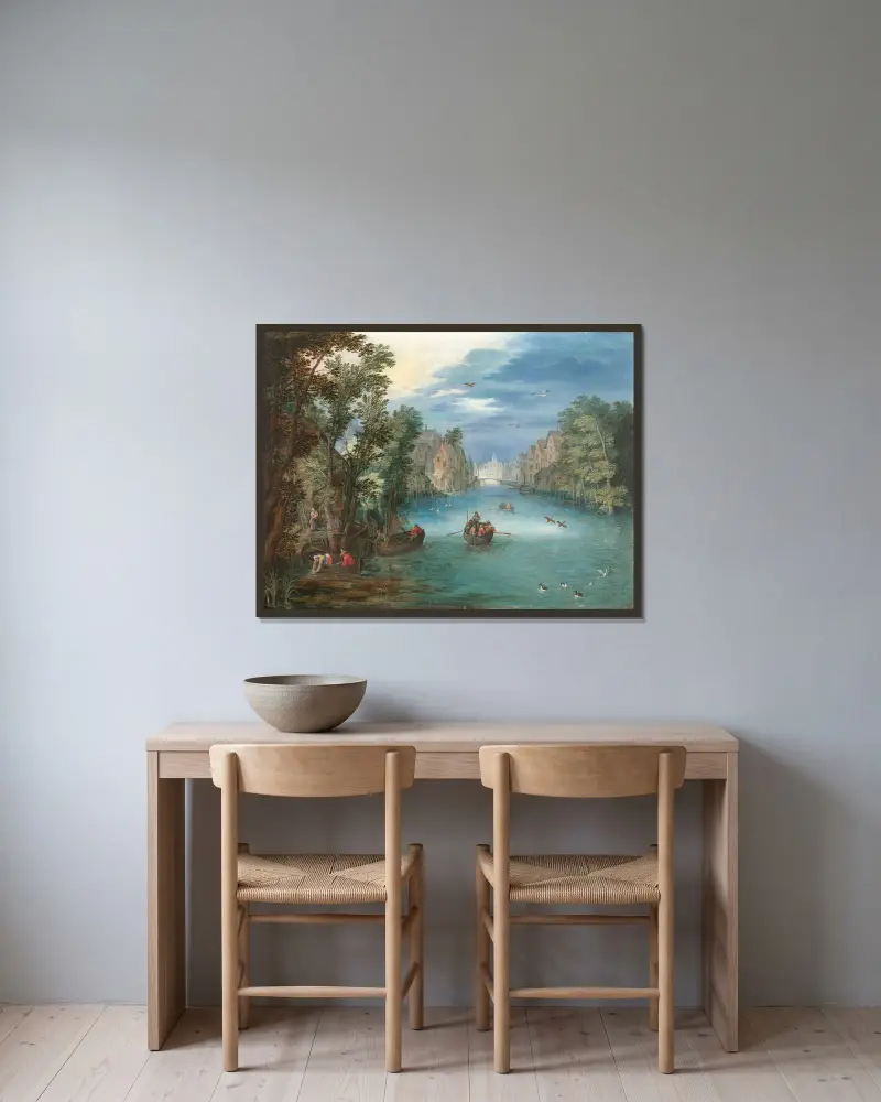 Paysage fluvial animé de personnages av Jan Brueghel the Younger inramad på en vägg