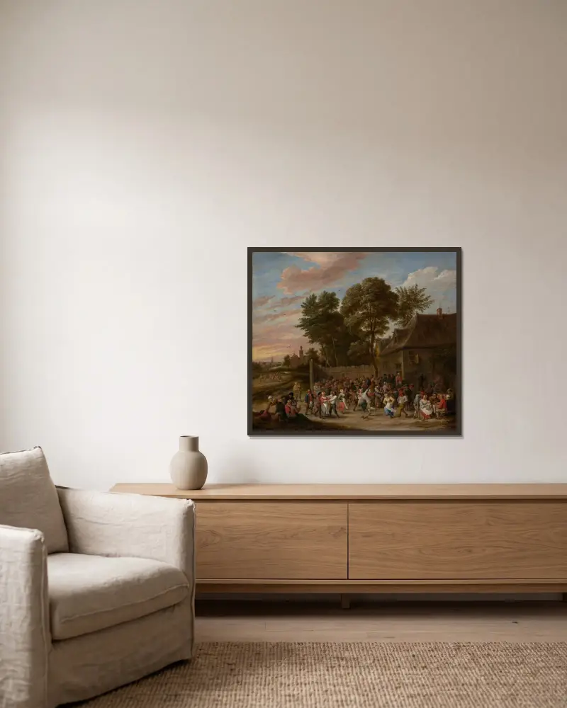 Bönder dansar och festar av David Teniers The Younger inramad på en vägg