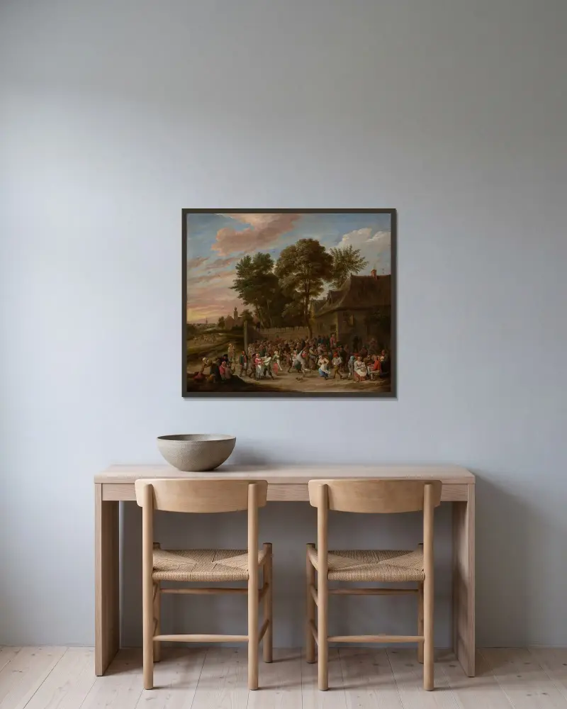 Bönder dansar och festar av David Teniers The Younger inramad på en vägg