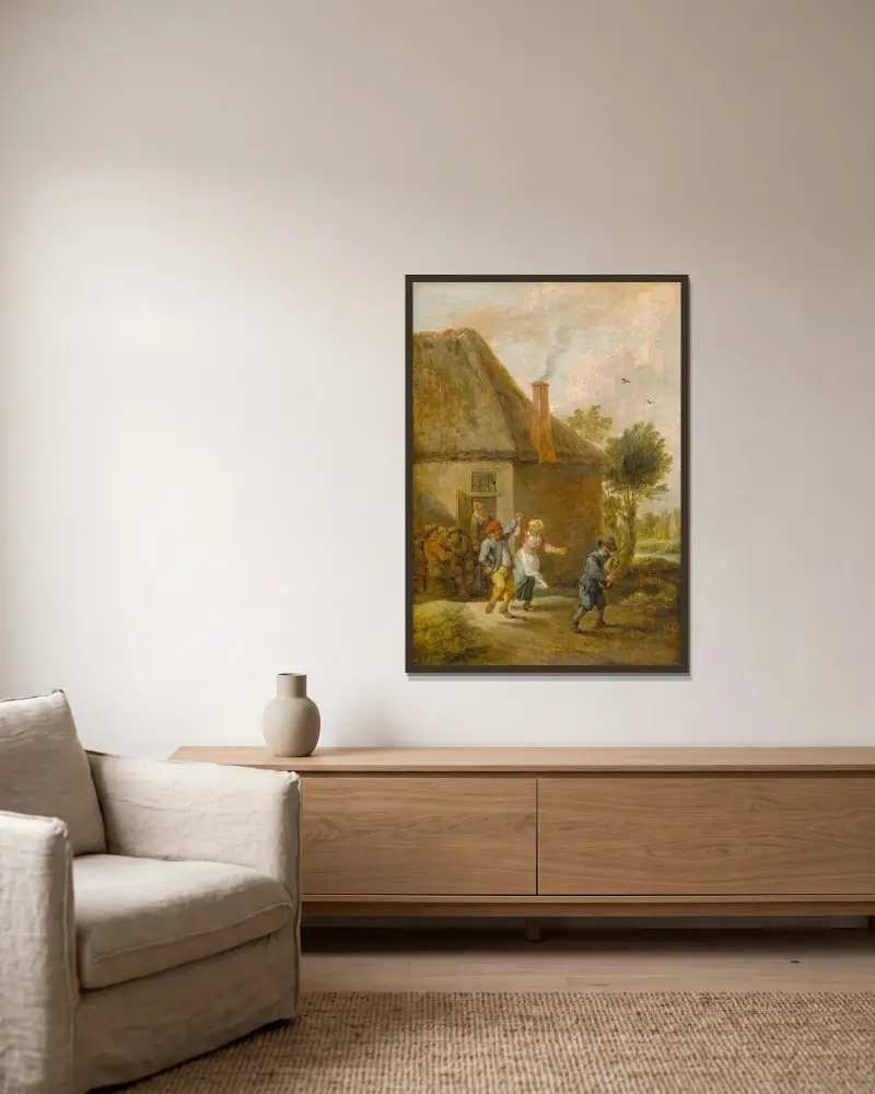Bönder som dansar framför en krog av David Teniers The Younger inramad på en vägg