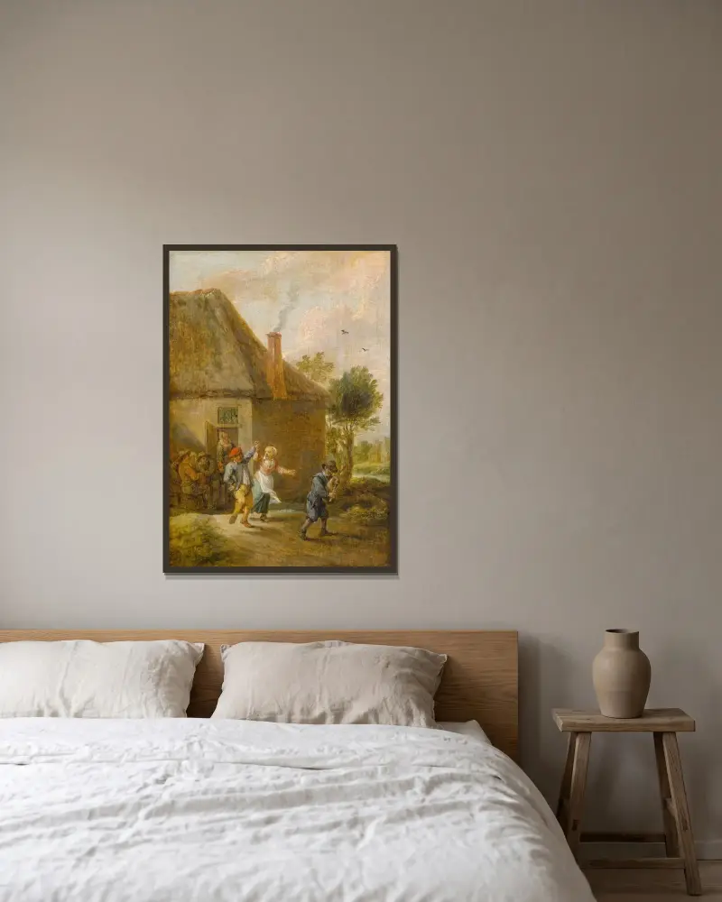 Bönder som dansar framför en krog av David Teniers The Younger inramad på en vägg