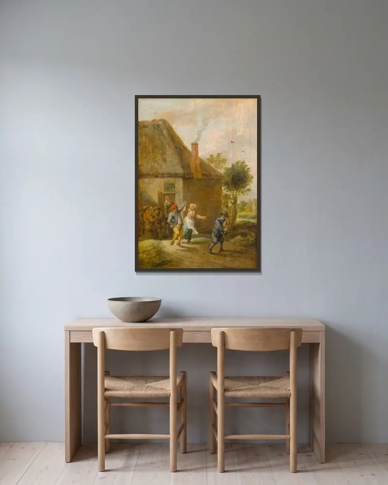 Bönder som dansar framför en krog av David Teniers The Younger inramad på en vägg
