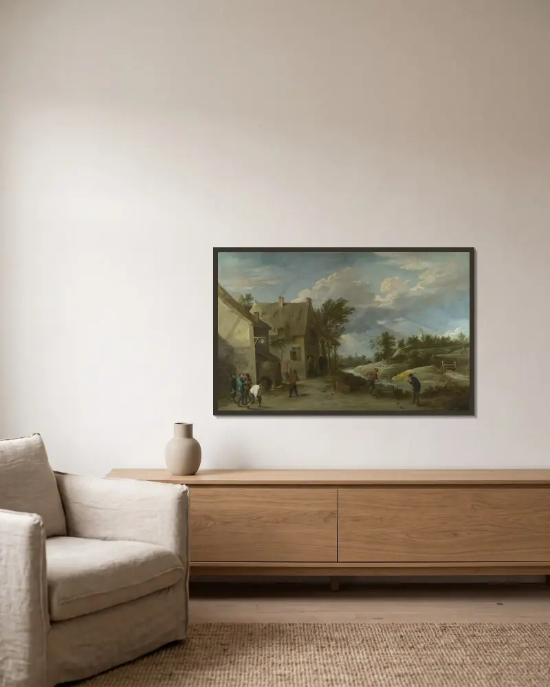 Bönder som spelar klot utanför en bykrog av David Teniers The Younger inramad på en vägg