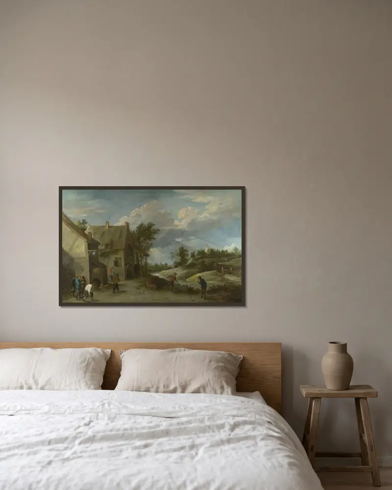 Bönder som spelar klot utanför en bykrog av David Teniers The Younger inramad på en vägg