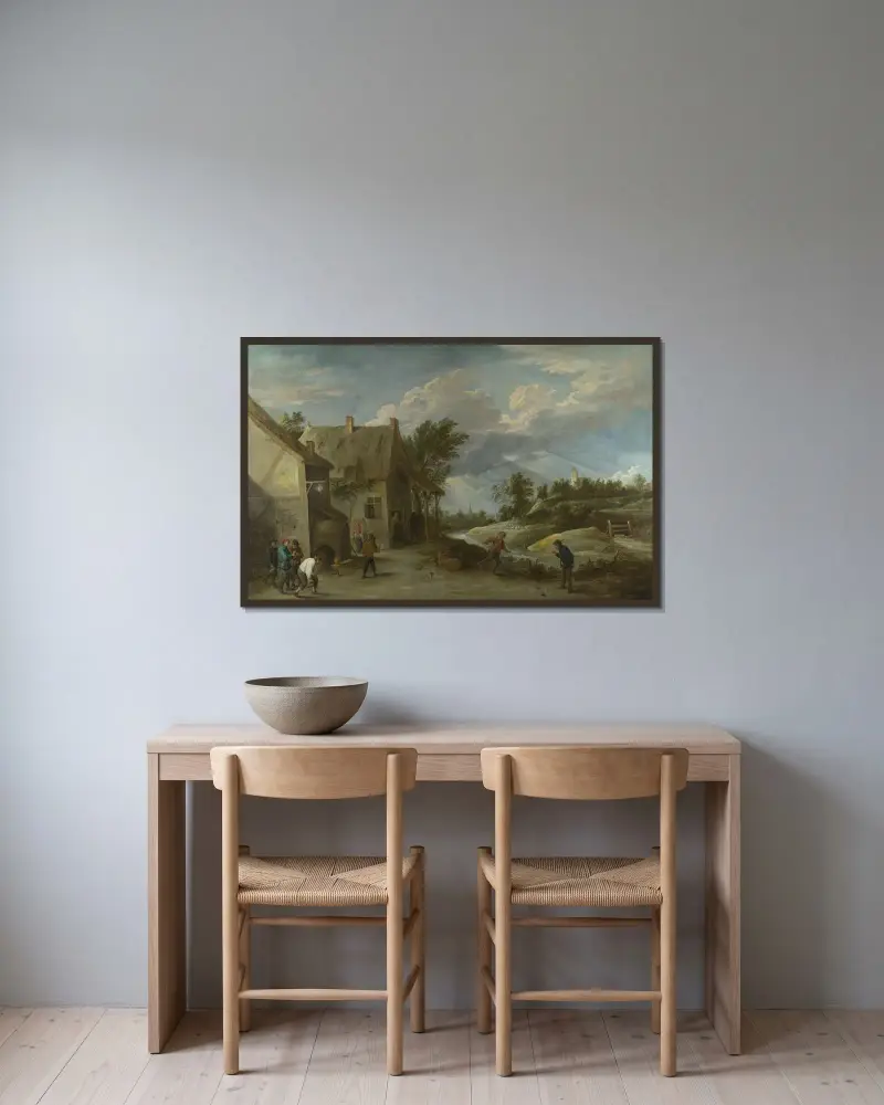 Bönder som spelar klot utanför en bykrog av David Teniers The Younger inramad på en vägg
