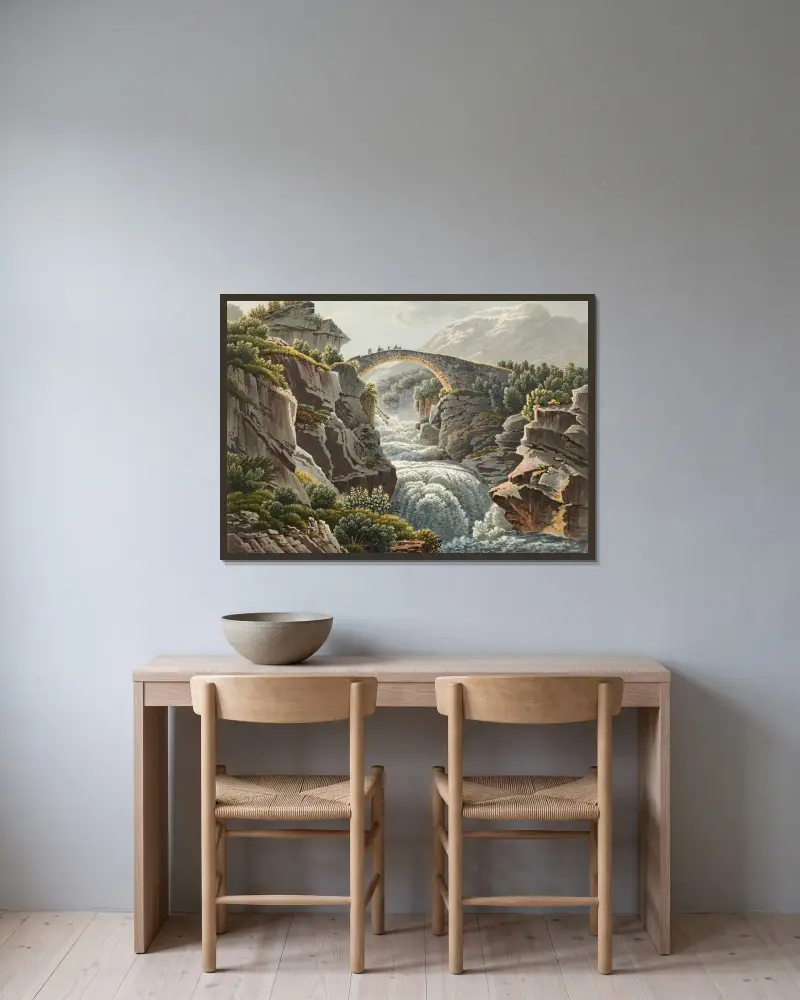 Bro över Aare vid Grimselpasset av Gabriel Lory the Younger inramad på en vägg