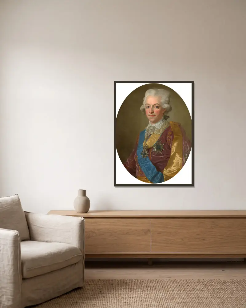 Porträtt av Gustav III, Sveriges konung av Lorens Pasch the Younger inramad på en vägg