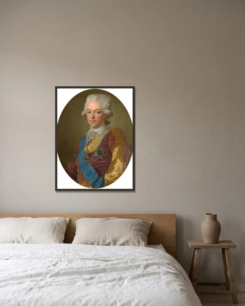 Porträtt av Gustav III, Sveriges konung av Lorens Pasch the Younger inramad på en vägg