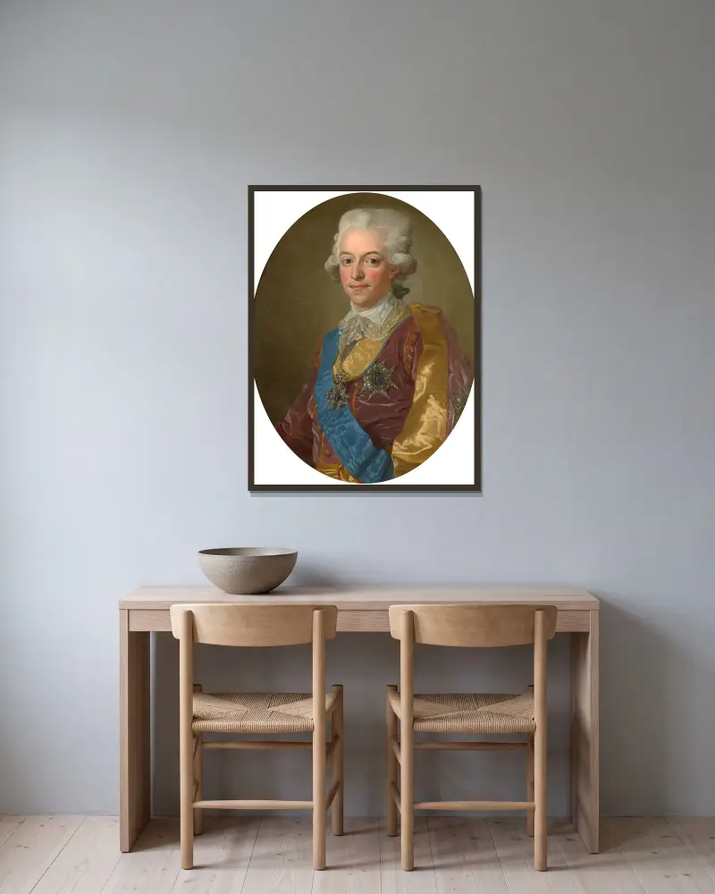 Porträtt av Gustav III, Sveriges konung av Lorens Pasch the Younger inramad på en vägg