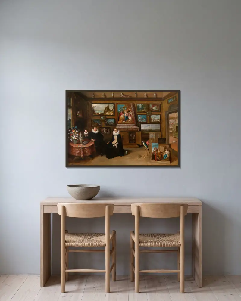 Porträt einer Familie im Sammlerschrank von Frans Francken the Younger gerahmt an einer Wand