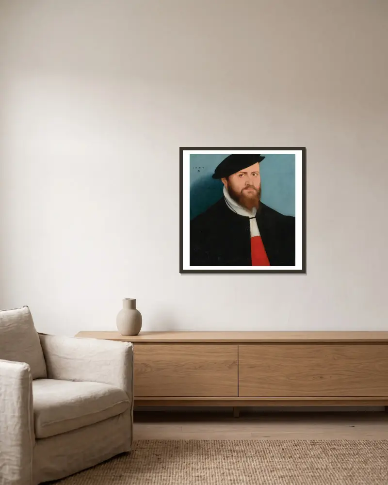 Porträtt av en man med hatt av Lucas Cranach the Younger inramad på en vägg