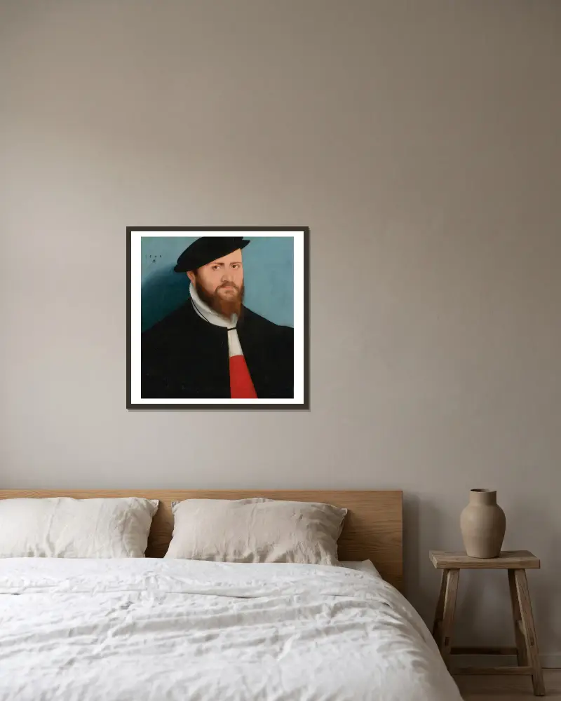Porträtt av en man med hatt av Lucas Cranach the Younger inramad på en vägg