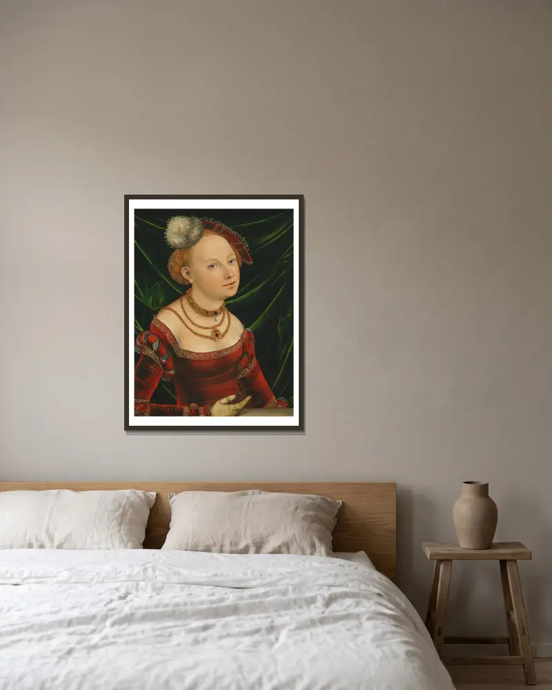 Portrait Of A Woman av Lucas Cranach the Younger inramad på en vägg