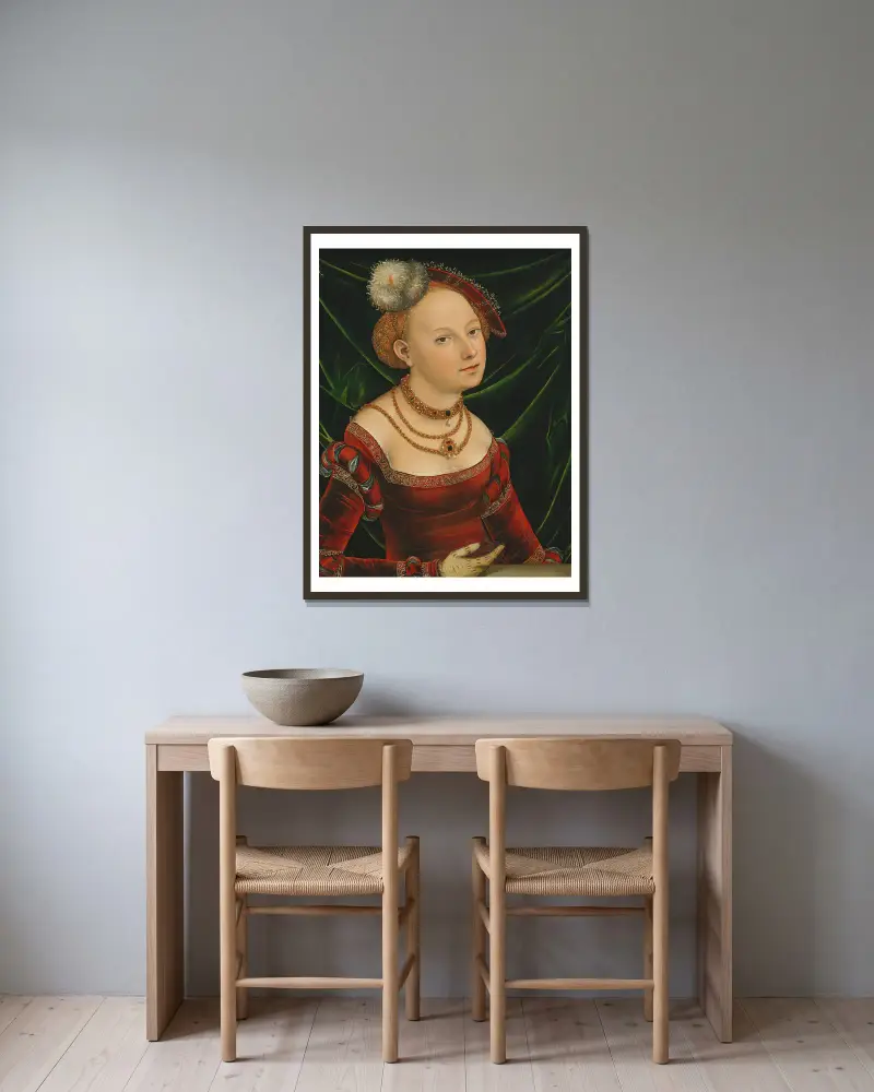 Portrait Of A Woman av Lucas Cranach the Younger inramad på en vägg