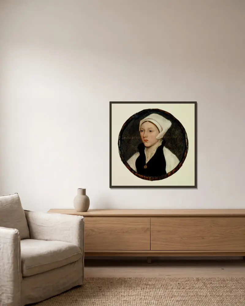 Portrait of a Young Woman with a White Coif av Hans Holbein The Younger inramad på en vägg