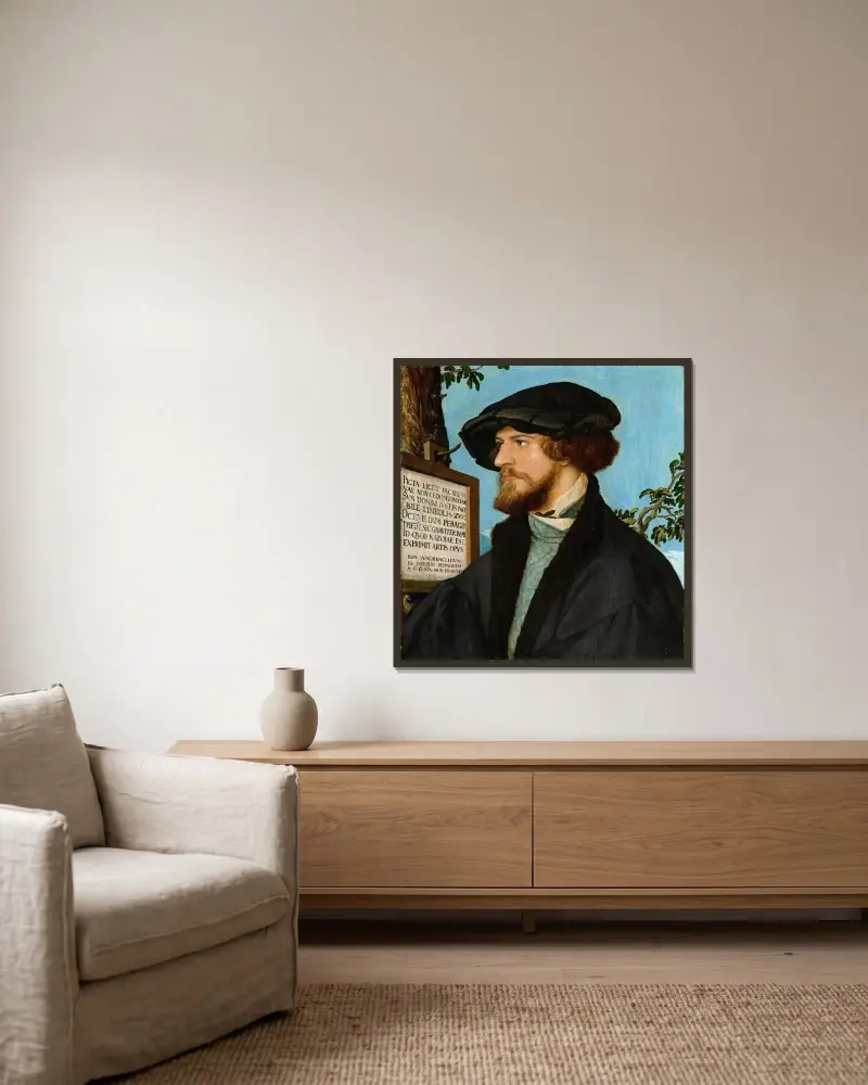 Portrait of Bonifacius Amerbach av Hans Holbein The Younger inramad på en vägg