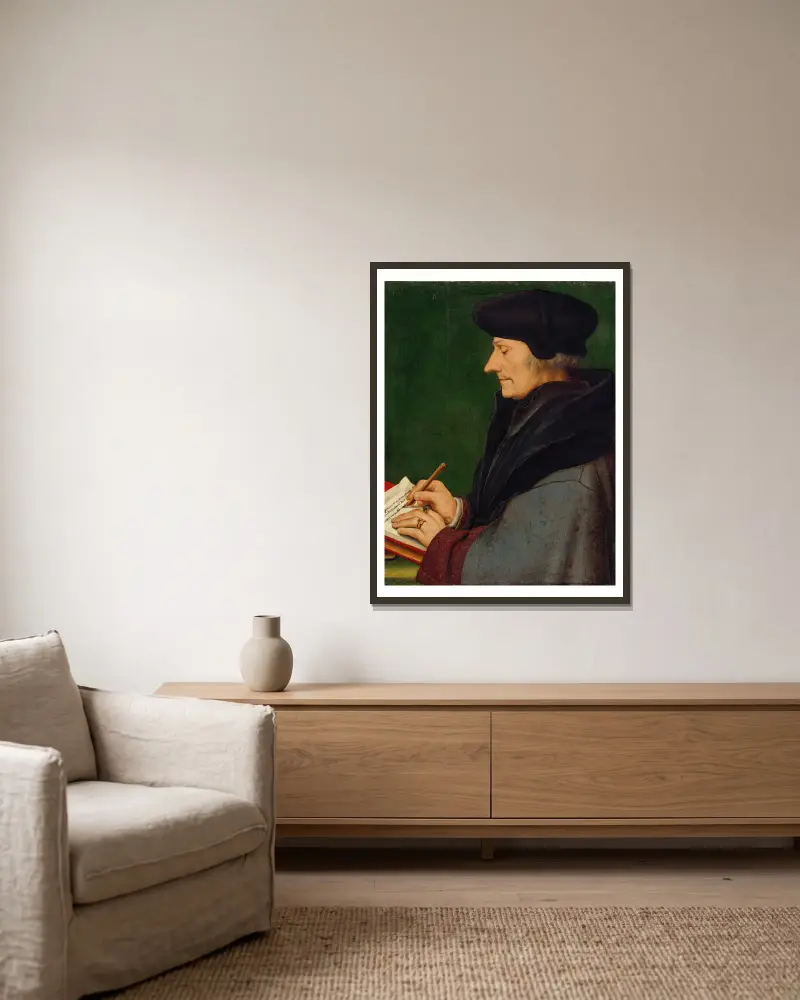 Portrait of Erasmus of Rotterdam Writing av Hans Holbein The Younger inramad på en vägg