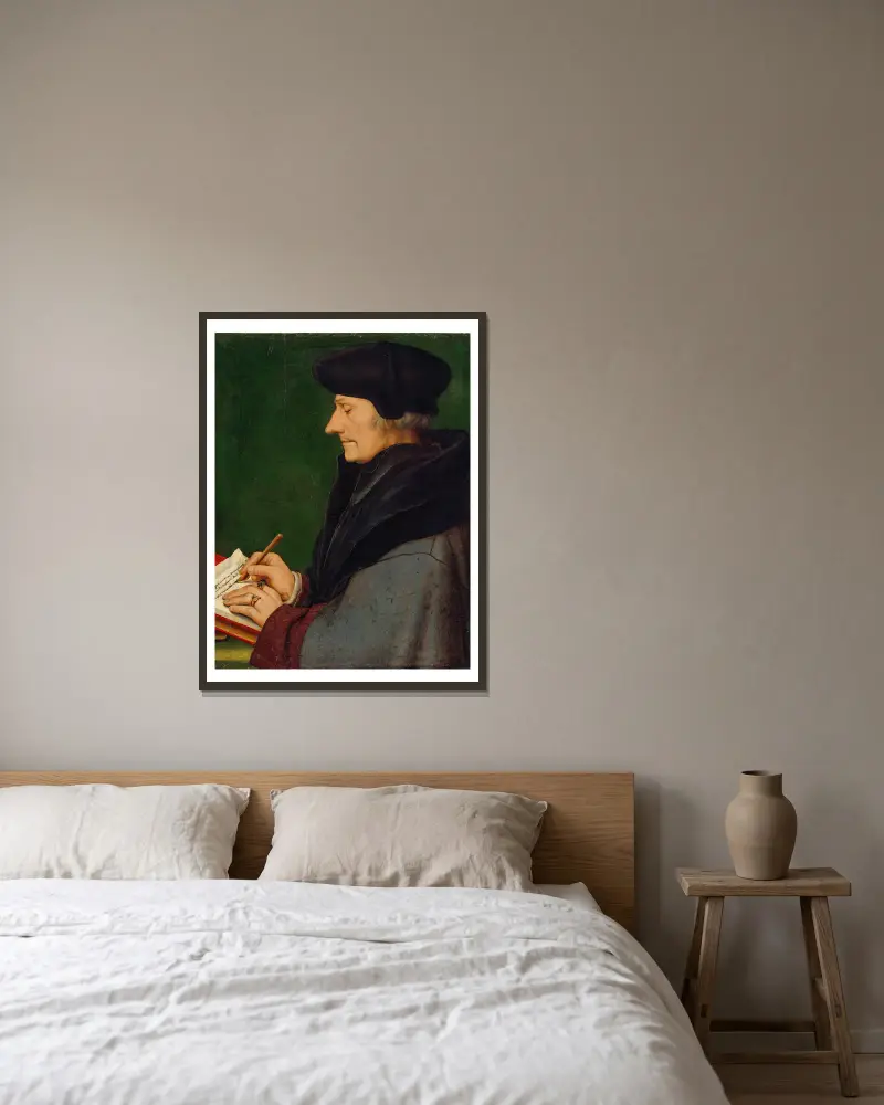 Portrait of Erasmus of Rotterdam Writing av Hans Holbein The Younger inramad på en vägg