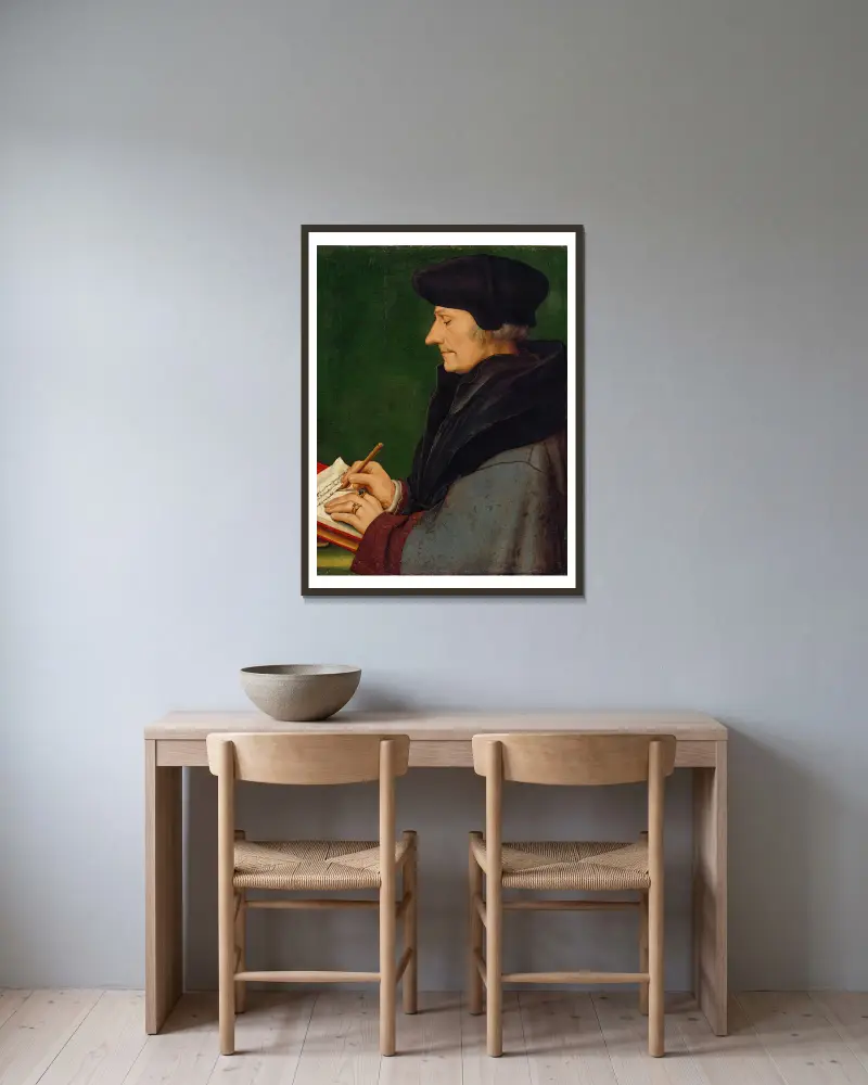 Portrait of Erasmus of Rotterdam Writing av Hans Holbein The Younger inramad på en vägg