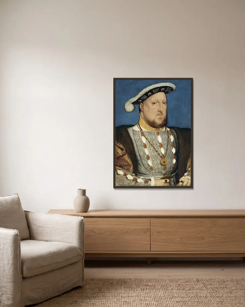 Portrait of Henry VIII av Hans Holbein The Younger inramad på en vägg