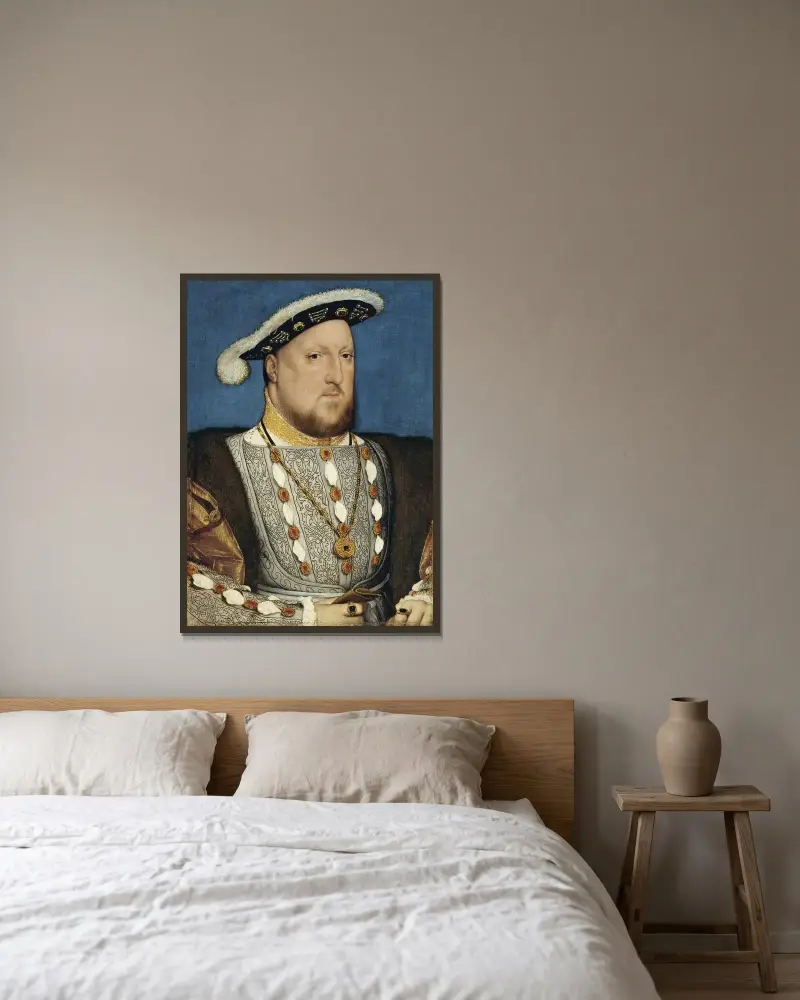 Portrait of Henry VIII av Hans Holbein The Younger inramad på en vägg