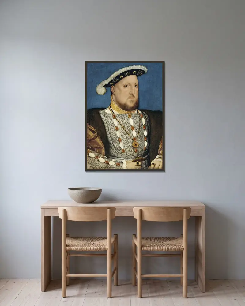 Portrait of Henry VIII av Hans Holbein The Younger inramad på en vägg