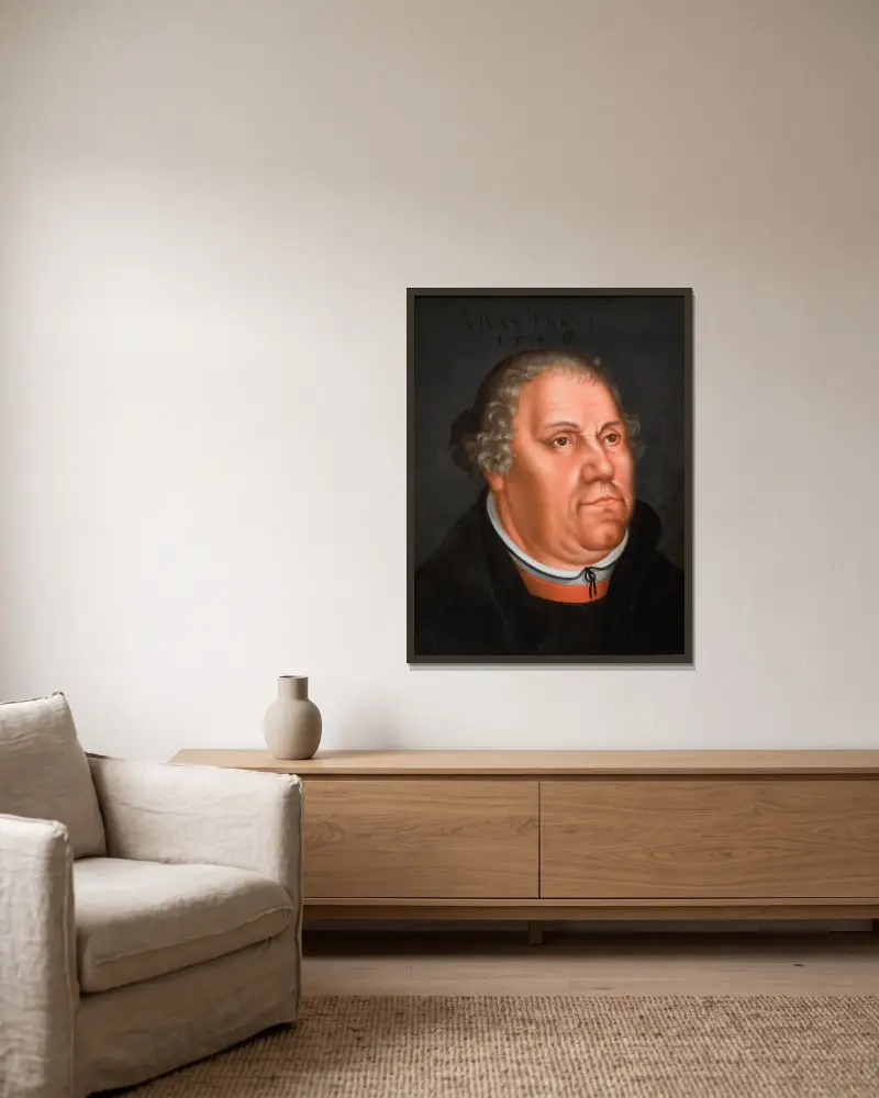 Portrait of Martin Luther (1483-1546) – nr 1 av Lucas Cranach the Younger inramad på en vägg